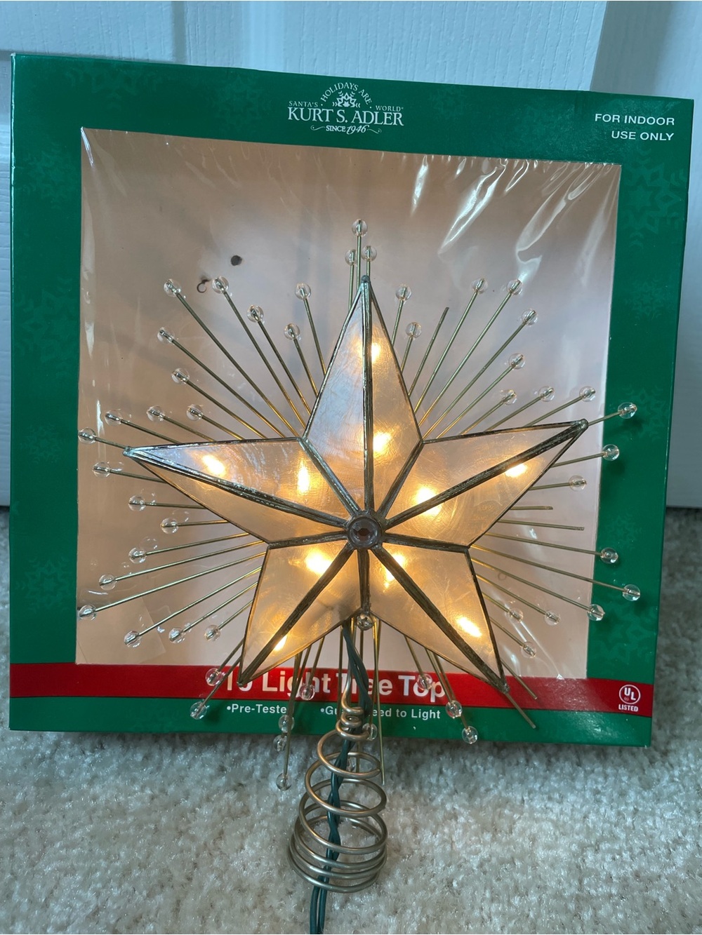 Kurt Adler 10 Light Tree Top UL3073 Capiz Star Illuminated Christmas Tree Topper